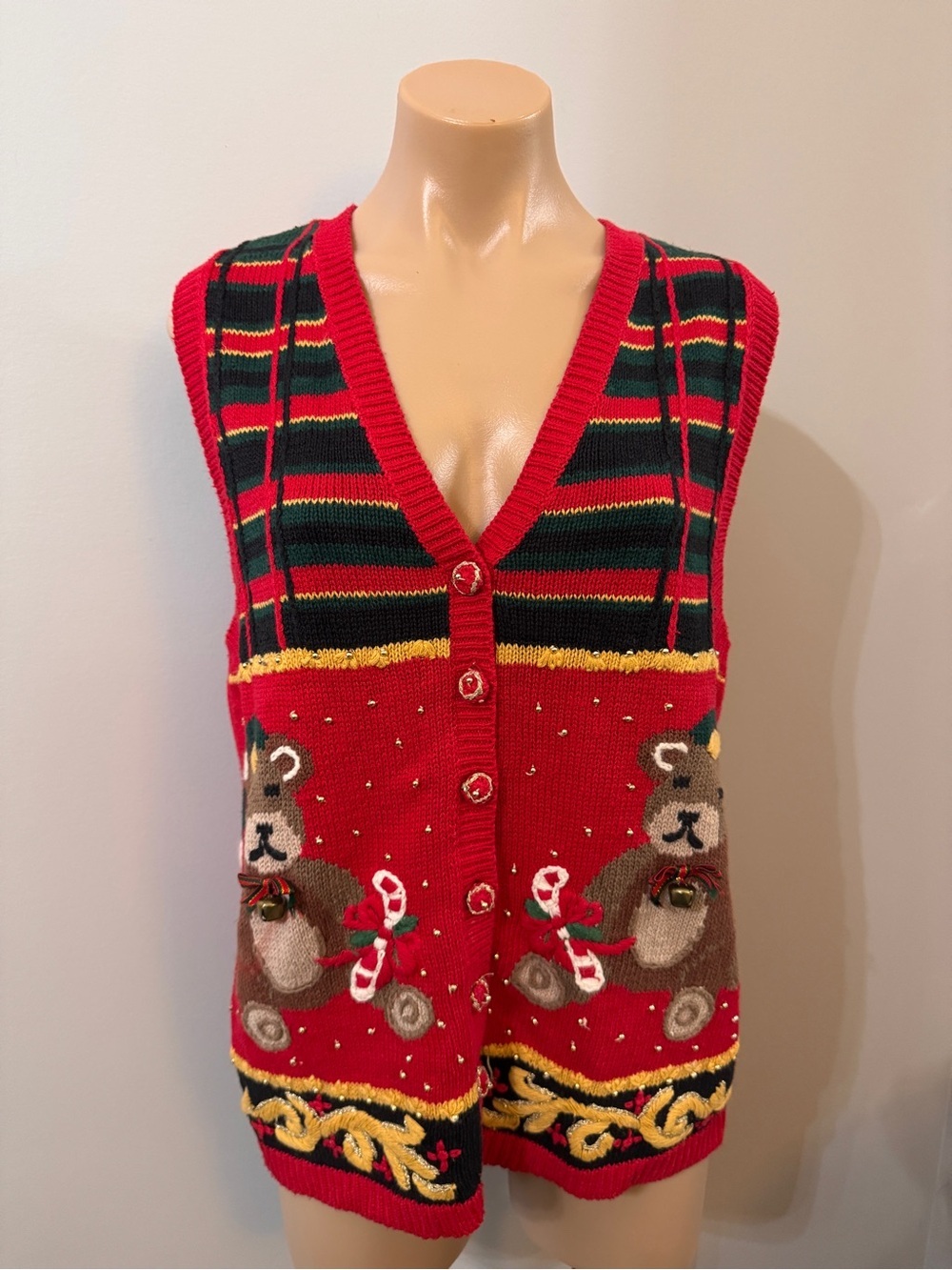 Carly St. Claire Sears Vintage Christmas Vest Bears Red Holiday Bells Deadstock